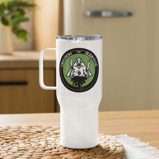 Reverse side of mug with church of bugmane logo