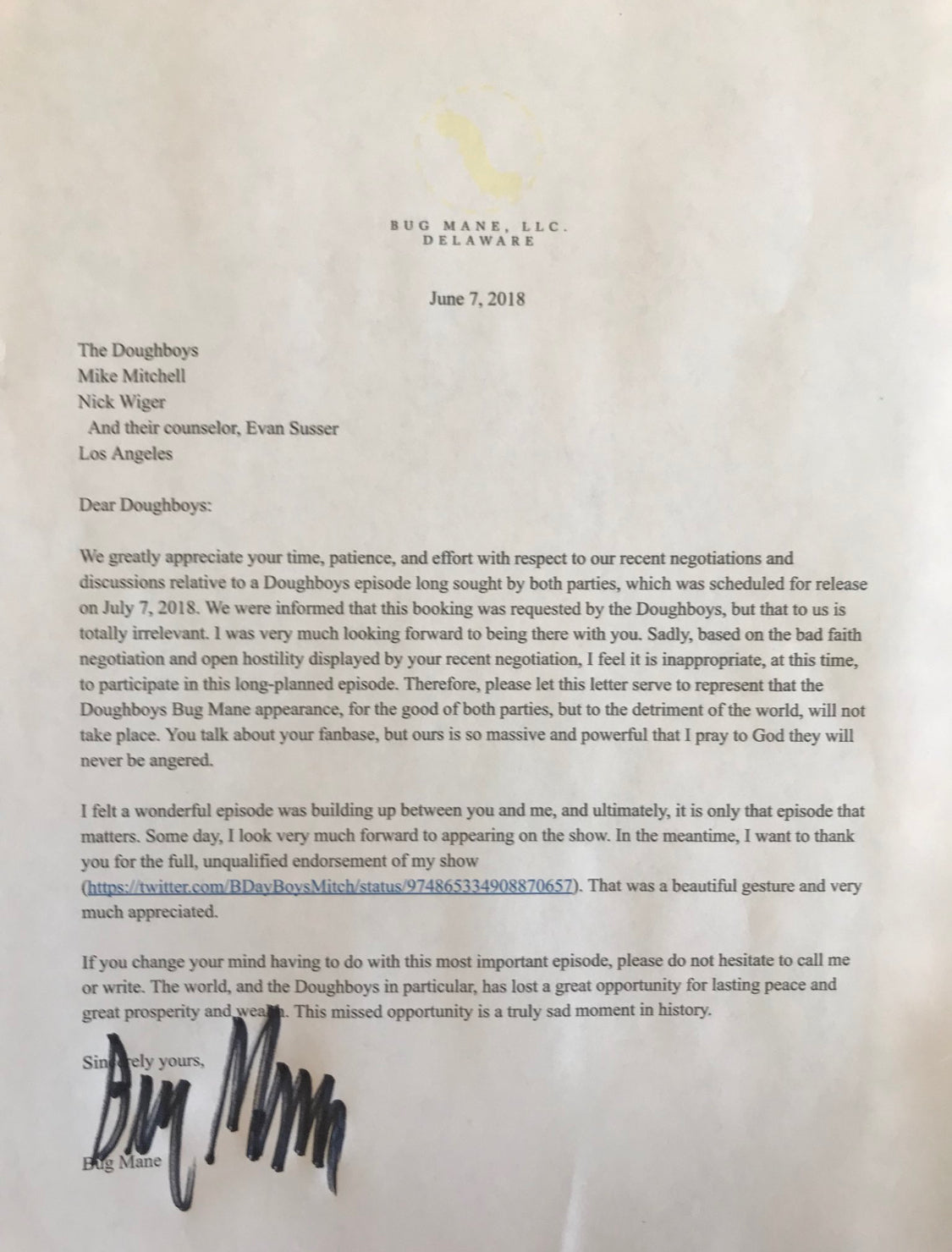 a signed letter to the doughboys from bug man