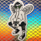 sticker of drawing of bug mane wearing hoodie with wings squatting