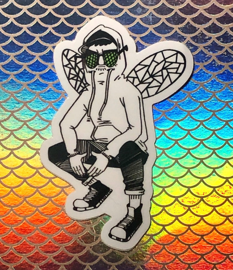 sticker of drawing of bug mane wearing hoodie with wings squatting