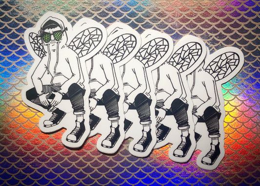 Eight stickers of drawing of bug mane wearing hoodie with wings squatting spread out on a table