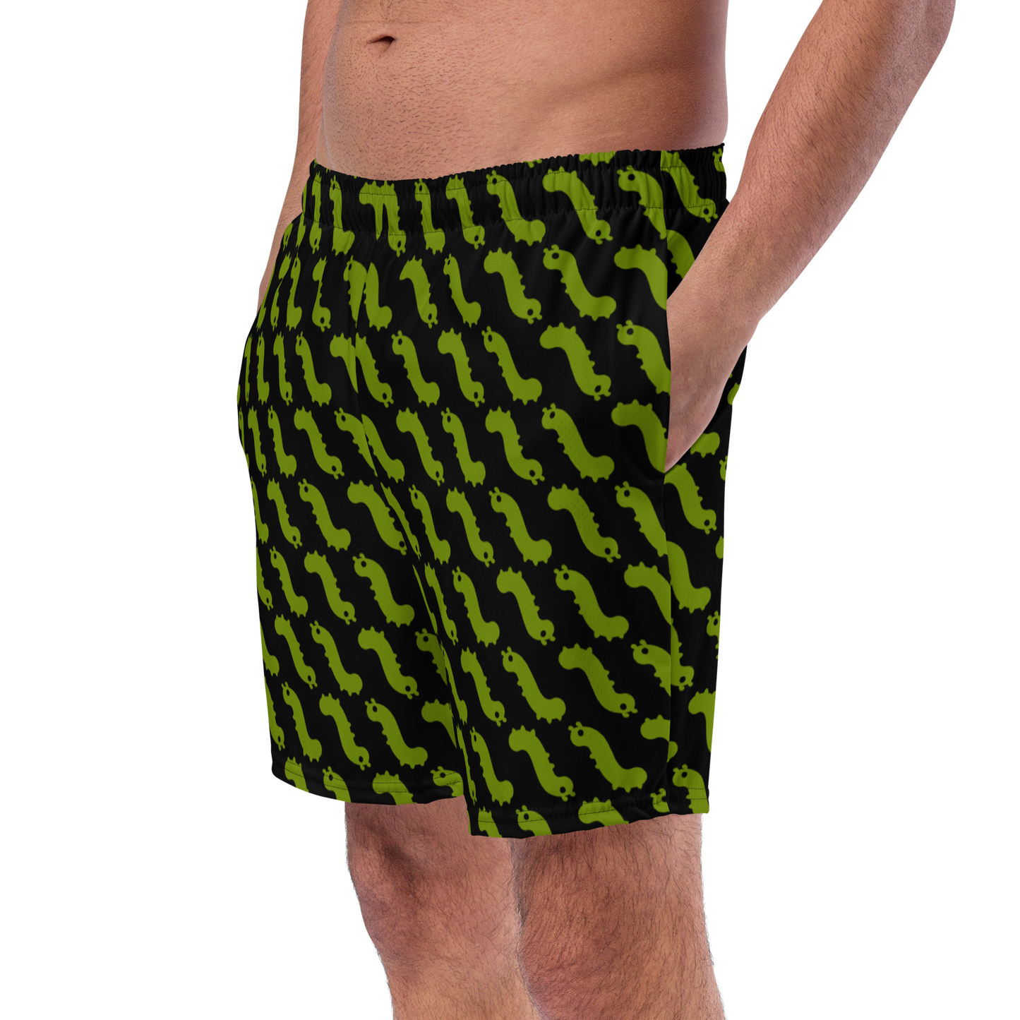 black swim trunks with repeating bug print