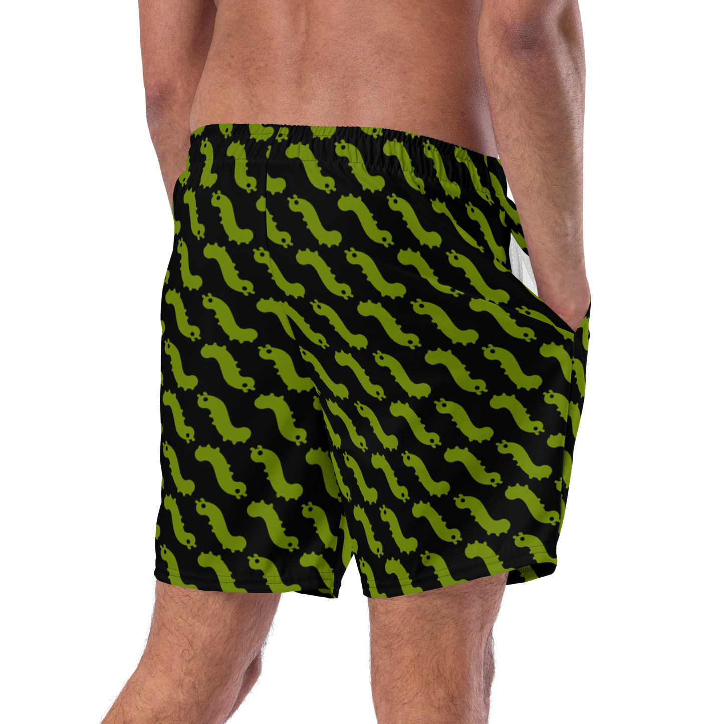 black swim trunks with repeating bug print