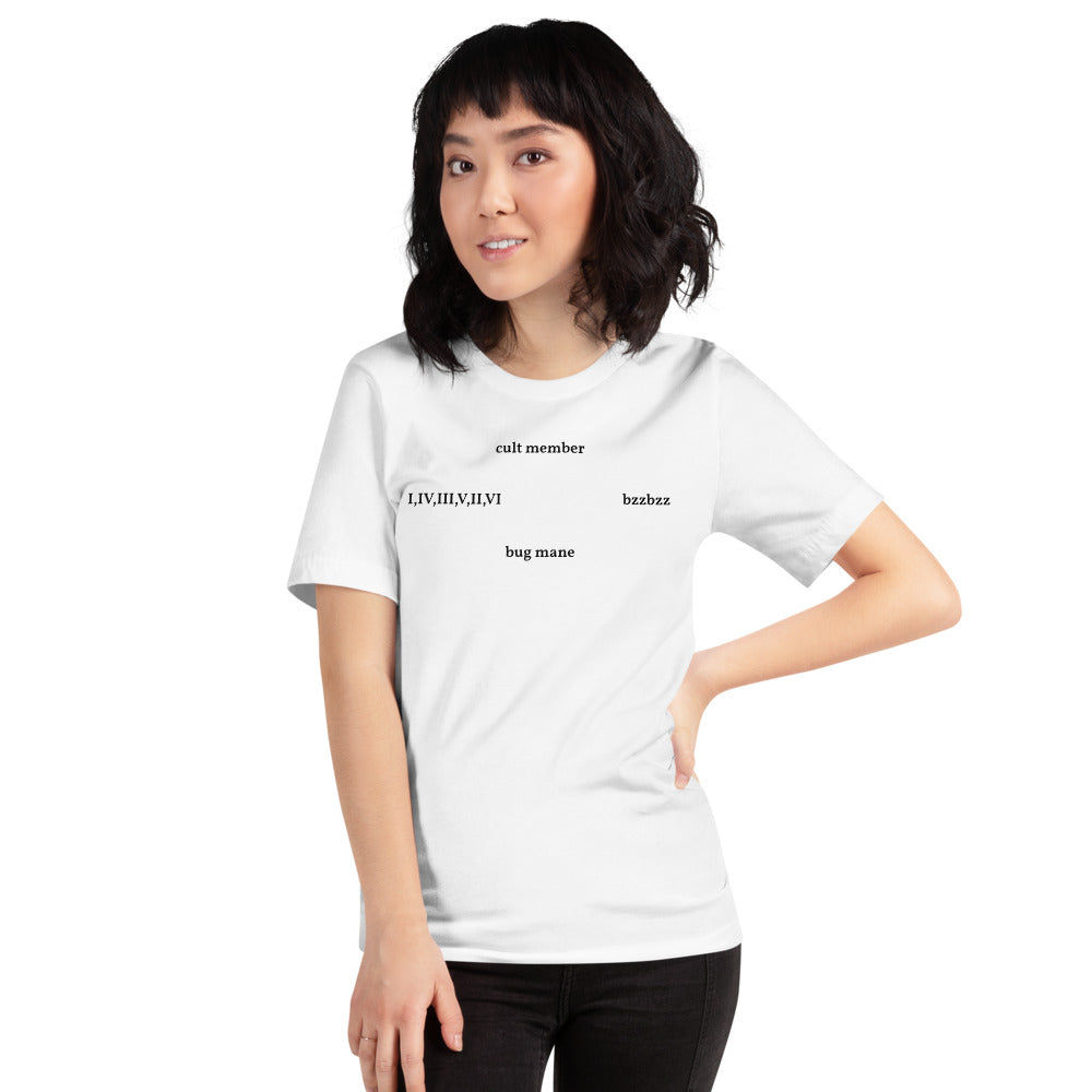 woman wearing white shirt that says bug is king