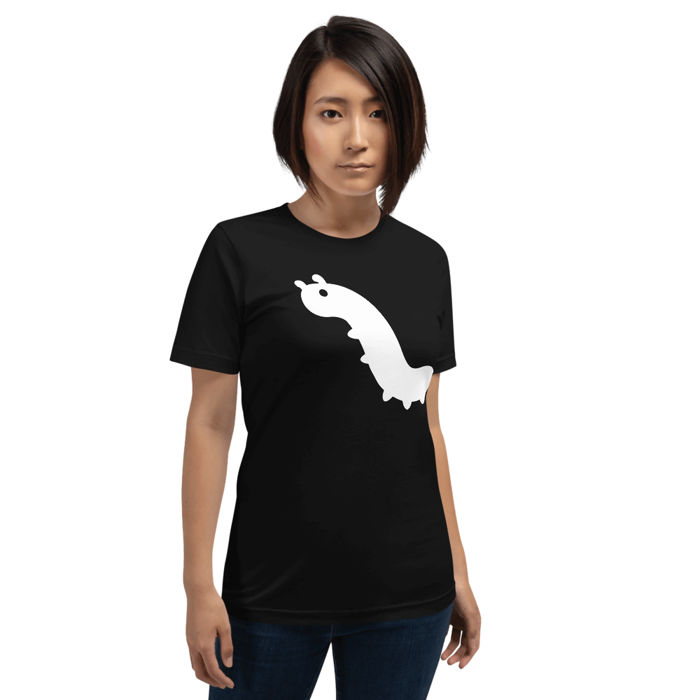 woman wearing black shirt with white bug emoji