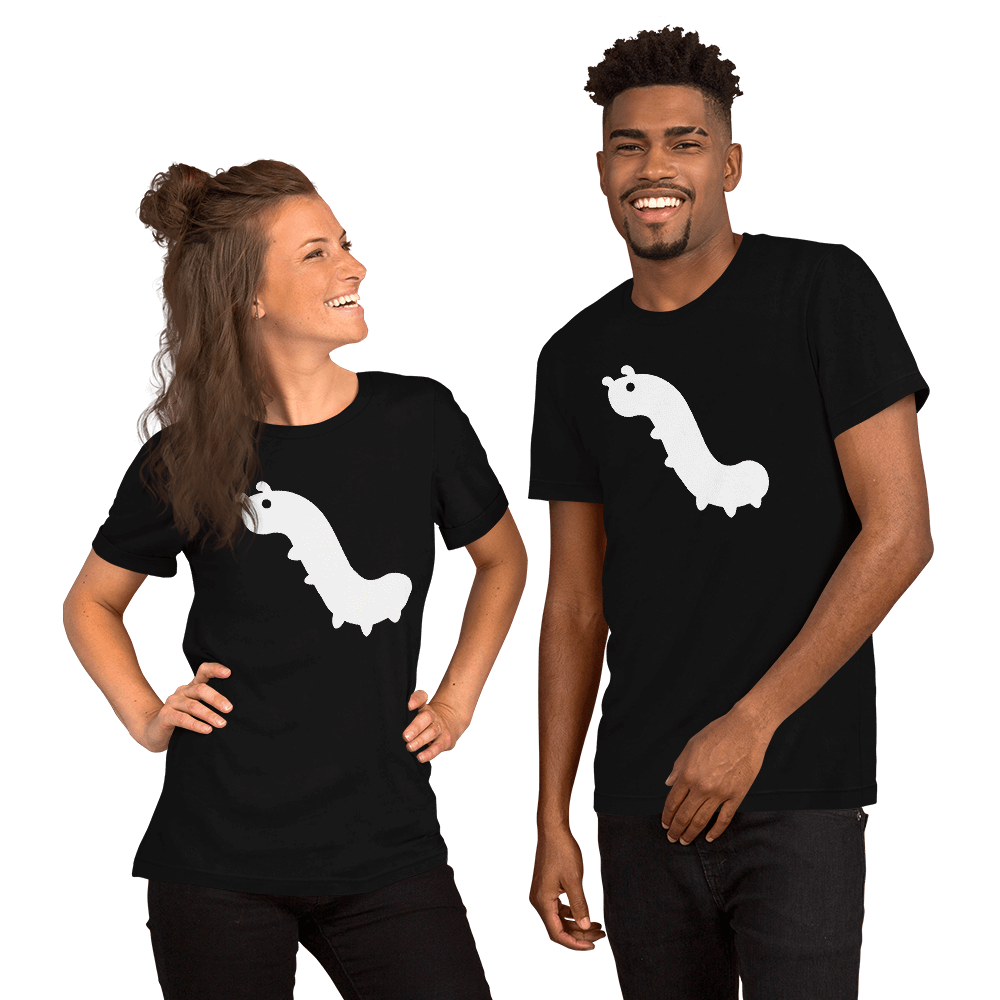 couple both wearing black shirt with white bug emoji