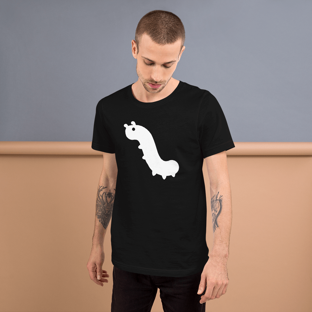 man wearing black shirt with white bug emoji