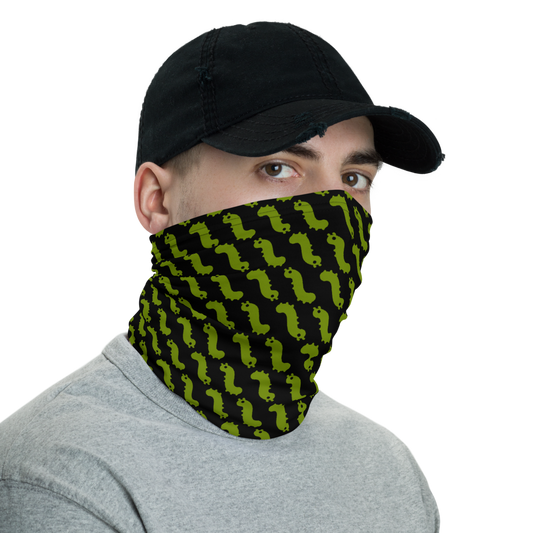 man in hat wearing pull up gaiter style face mask with repeating green bug emoji pattern