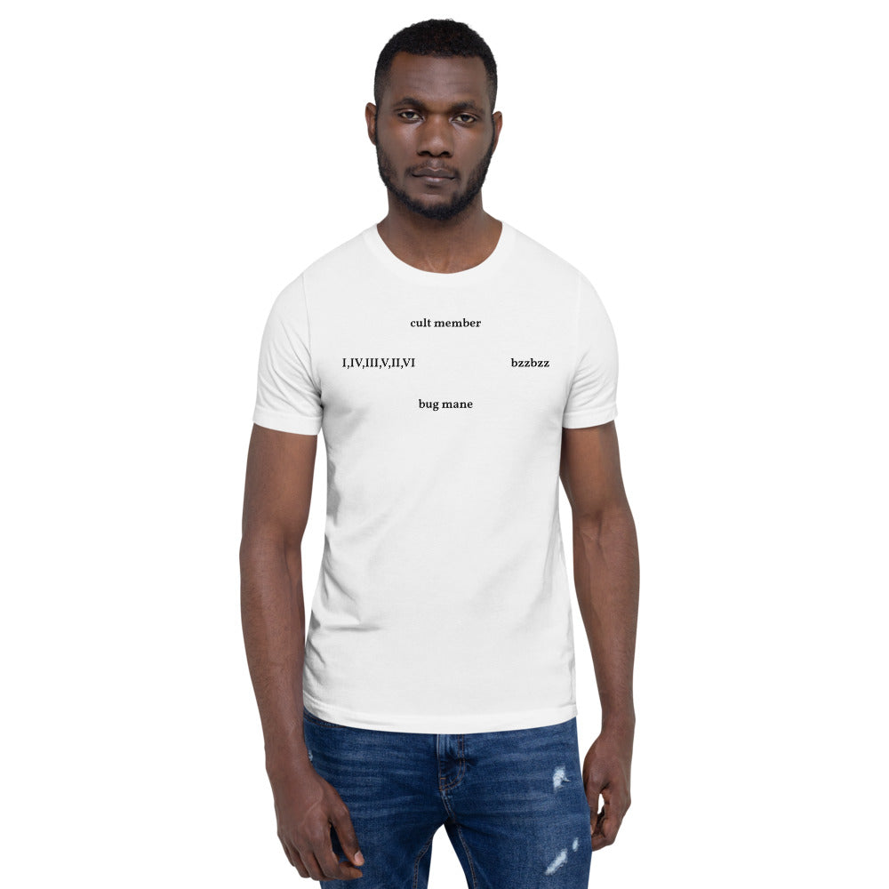 man wearing white shirt that says bug is king
