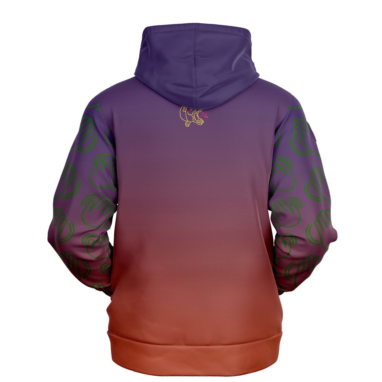backside of a purple and red gradient colored hoodie. The skelleton blood logo can barely be seen just under the hood