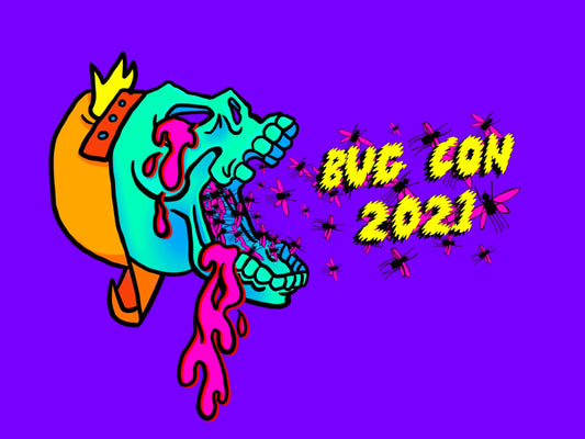 skull wearing backwards hat with the words bug con 2022 coming out of open jaw
