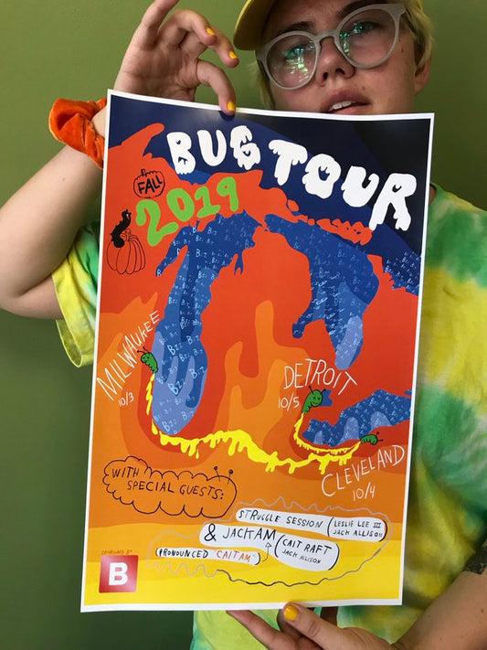 poster featuring drawing of great lakes region and information about Bug Tour 2019