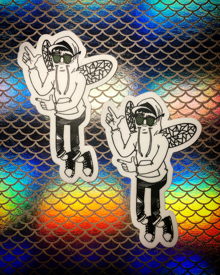 two stickers of drawing of bug mane wearing hoodie with wings