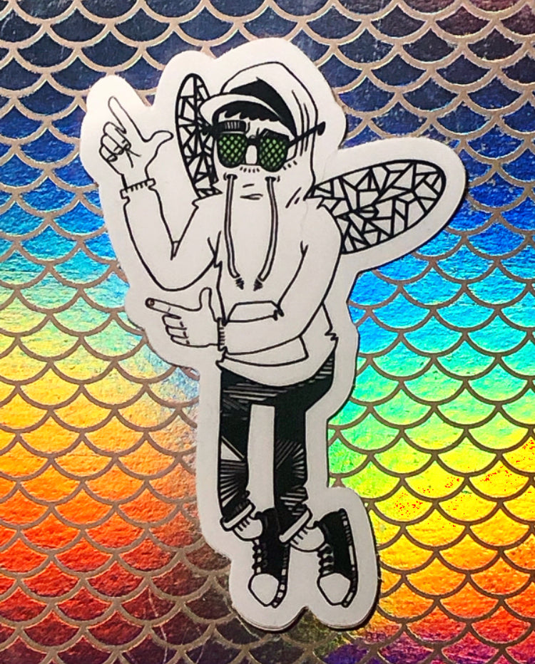 sticker of drawing of bug mane wearing hoodie with wings