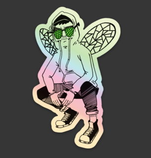 sticker of drawing of bug mane wearing hoodie with wings squatting