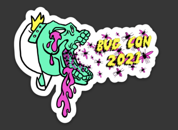 sticker of skull wearing backwards hat with the words bug con 2022 coming out of open jaw