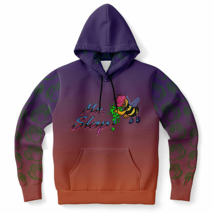 hoodie with purple and red gradient featuring the chrome text MR. SLAP and a drawing of a bumble bee in a hat slapping the honey out of someone