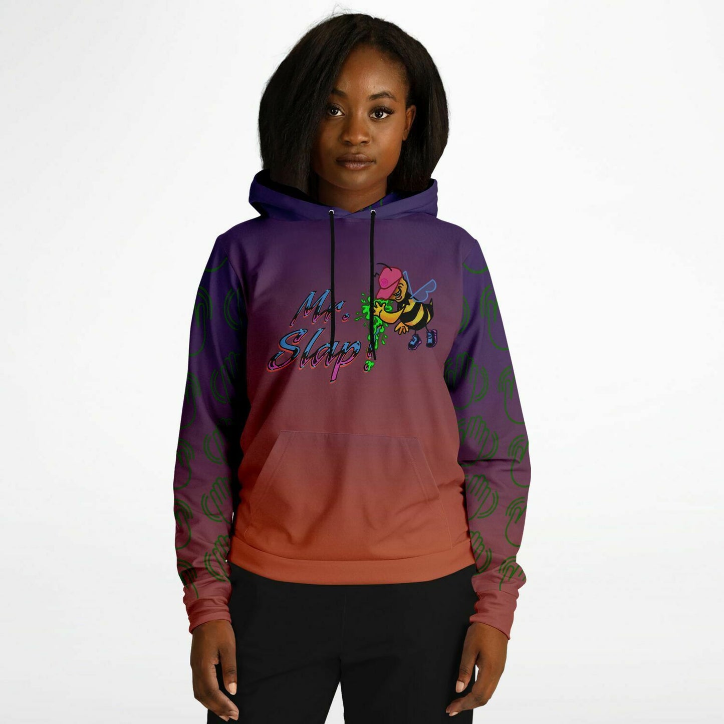 Powerful black woman wearing a hoodie with purple and red gradient featuring the chrome text MR. SLAP and a drawing of a bumble bee in a hat slapping the honey out of someone