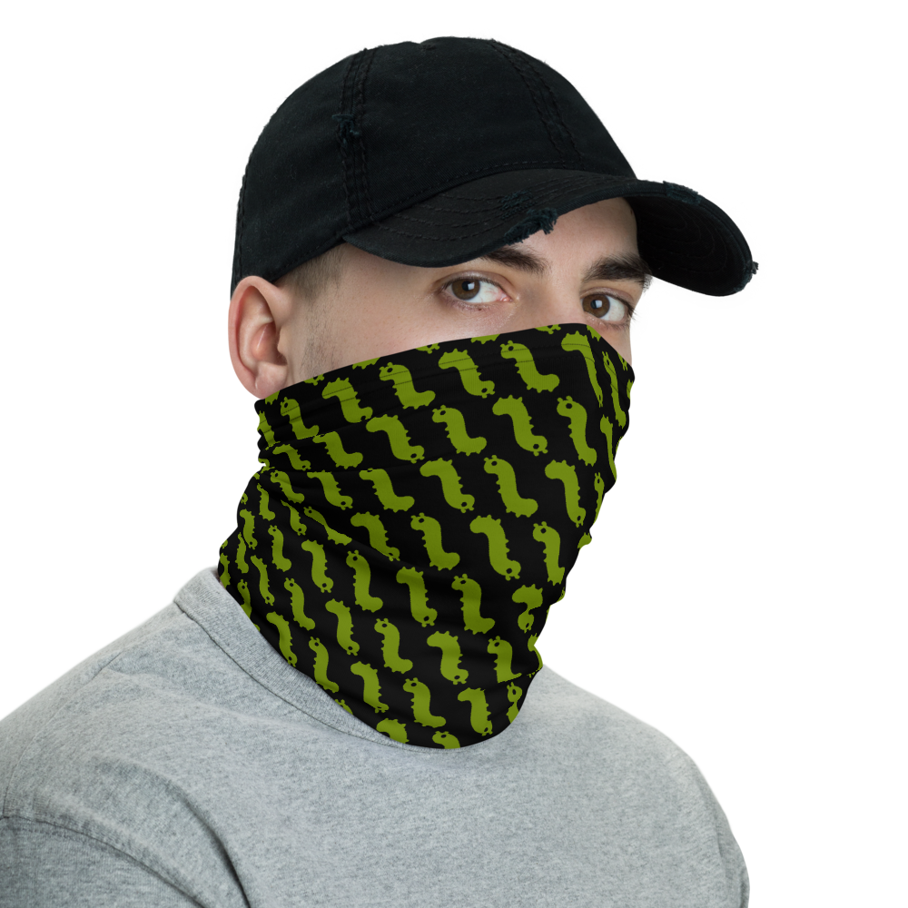 man in hat wearing pull up gaiter style face mask with repeating green bug emoji pattern