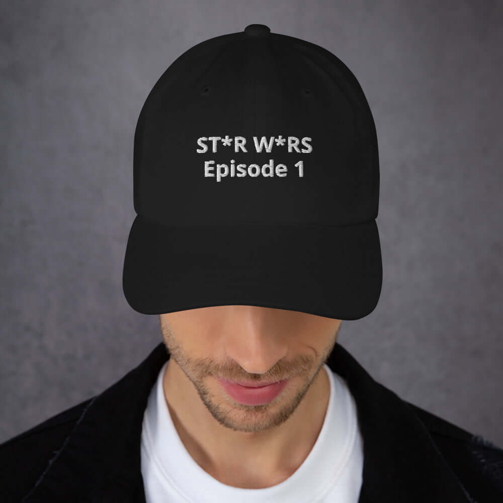 Hat that says Star Wars Episode One but some of the letters are censored out