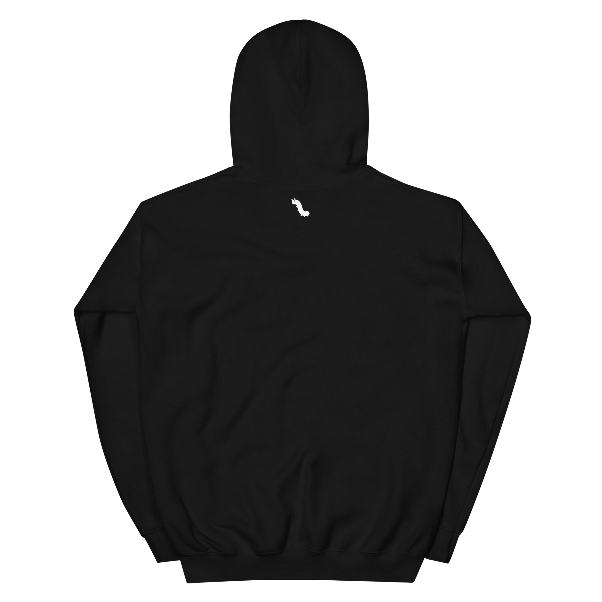 back side of black hoodie with tiny white bug emoji below hood