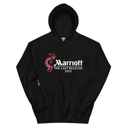 black hoodie featuring an image of Kokopelli, the Marriott logo and the words The Last Bug Con