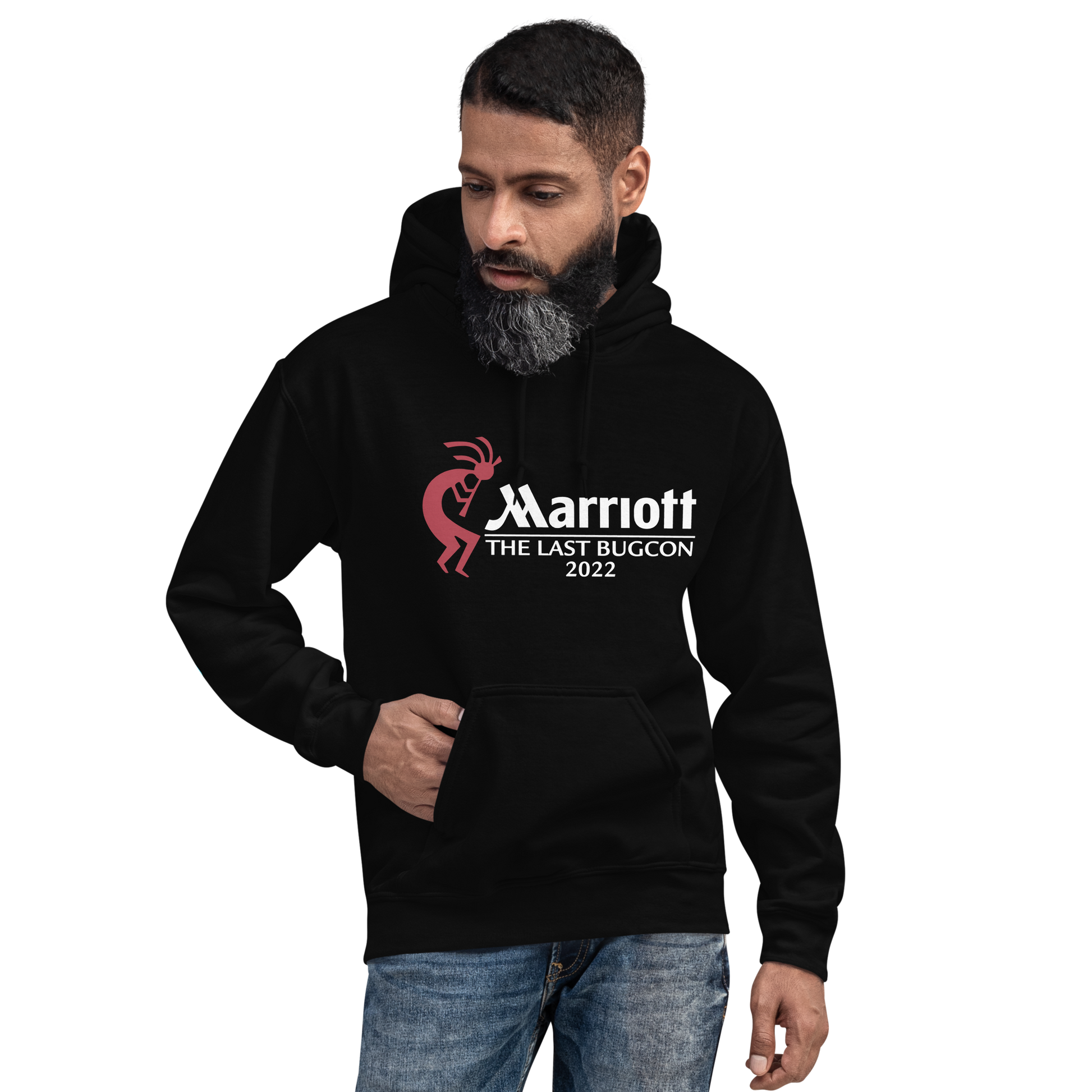 black man with one hand in the pocket of a black hoodie featuring an image of Kokopelli, the Marriott logo and the words The Last Bug Con